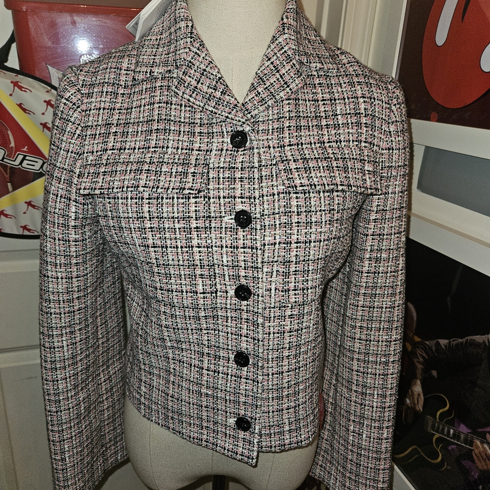 Theory Multicolor Tweed Blazer In A Black And Pink Color - Picture 1 of 6